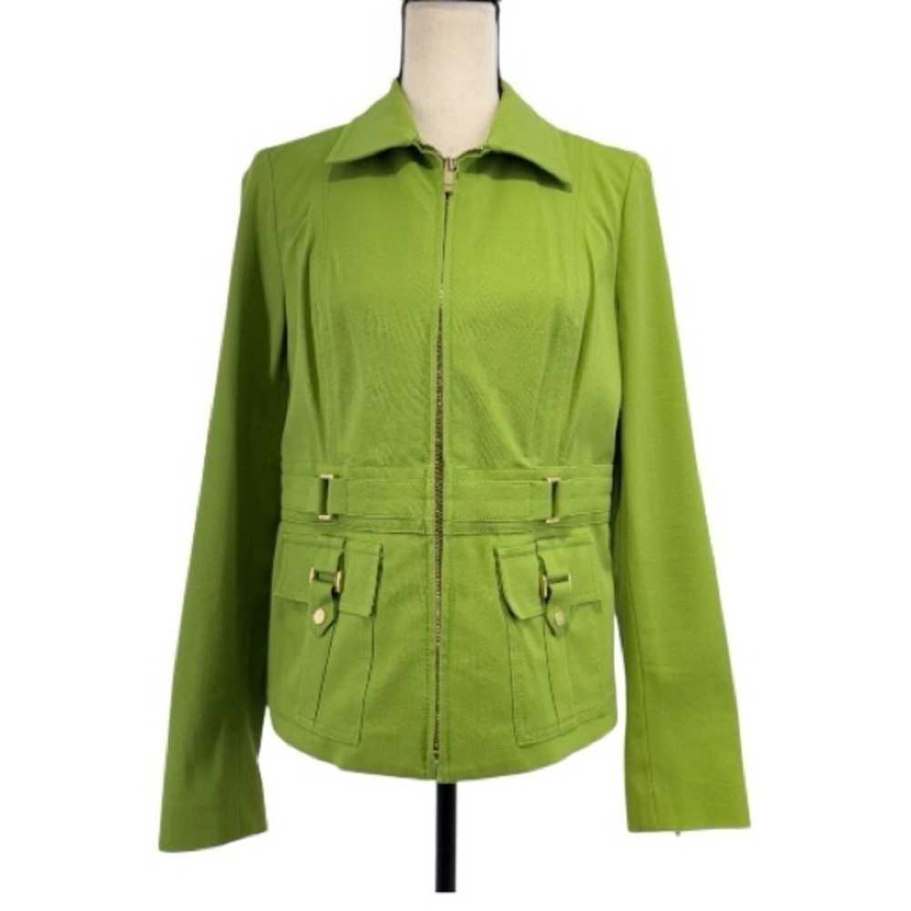 Jones New York Signature Stretch Jacket Green Zip Front Small gold hardware